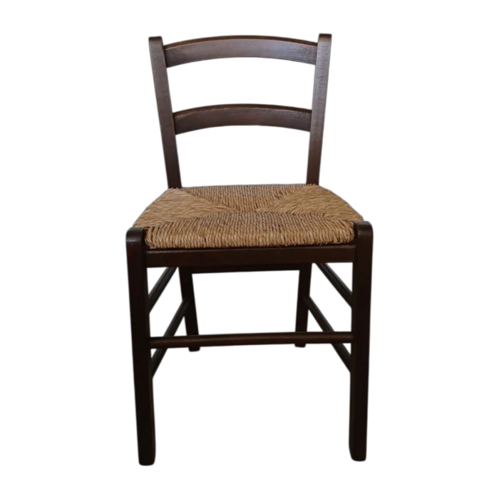 Wooden Dining Chair – Mezzana – Front View – walnut Wood Frame with Straw Seat – L40xD38xH72cm (SH40cm)