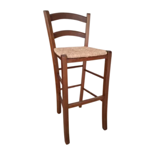 Wooden Bar Stool – Paesana – Side View – red walnut Wood Frame with Straw Seat – 38 x 38 x 73/103 cm