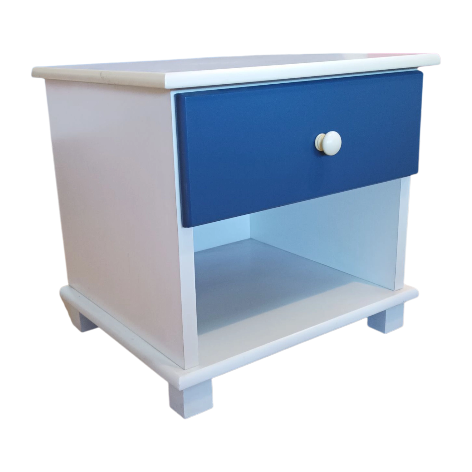 12018040050_Kids Side table – Jet – SideView – White Frame Blue Drawers- 37.5x44x42cm Night Stand for kids (boy and gir) 37.5x44x42cm