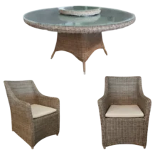 Outdoor Dining Table and Outdoor Armchair Aluminum, Glass, Wicker