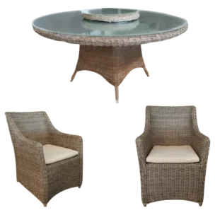 Outdoor Dining Table and Outdoor Armchair Aluminum, Glass, Wicker