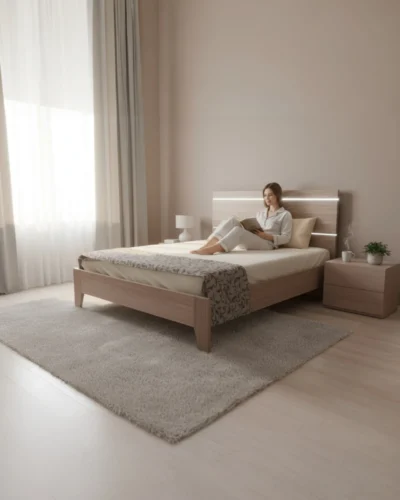 Elegant bedroom interior with bed, nightstands, and wardrobe, reflecting Aletraris Furniture’s timeless comfort and craftsmanship.
