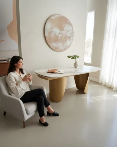 Stylish dining room with wooden table and chairs, designed for shared moments and everyday elegance by Aletraris Furniture.