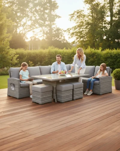 Outdoor patio scene with comfortable seating and table, featuring durable, weather-resistant furniture by Aletraris Furniture.