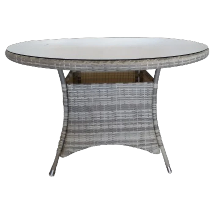 Outdoor Round Table 120CM— Aluminum, Glass, Wicker