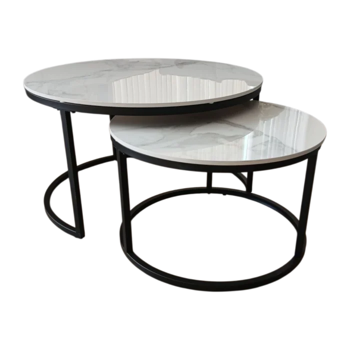 Nesting Coffee Table Set – Bergen– Front View – Beige Marble and Black, 80diax43cm & 60diax37cm