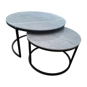 Nesting Coffee Table Set – Bergen– Front View – Grey Marble and Black, 80diax43cm & 60diax37cm