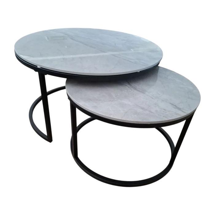 Nesting Coffee Table Set – Bergen– Front View – Grey Marble and Black, 80diax43cm & 60diax37cm