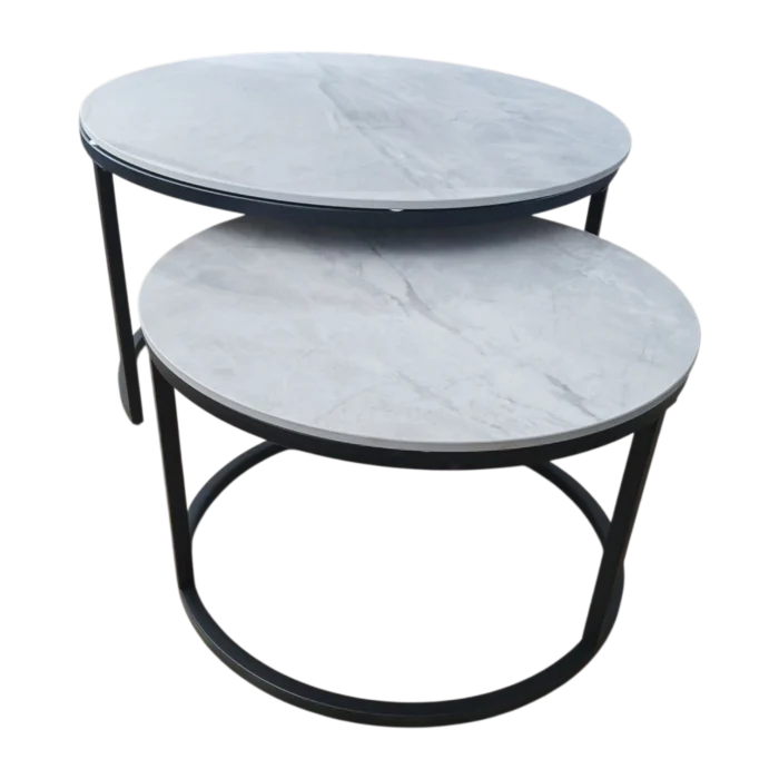 Nesting Coffee Table Set – Bergen– Front View – White Marble and Black, 80diax43cm & 60diax37cm