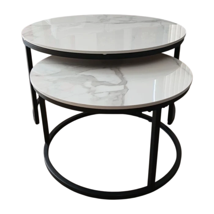 Nesting Coffee Table Set – Bergen– Front View – Beige Marble and Black, 80diax43cm & 60diax37cm