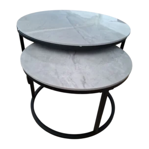 Nesting Coffee Table Set – Bergen– Front View – Grey Marble and Black, 80diax43cm & 60diax37cm