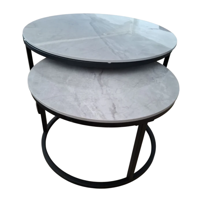 Nesting Coffee Table Set – Bergen– Front View – Grey Marble and Black, 80diax43cm & 60diax37cm