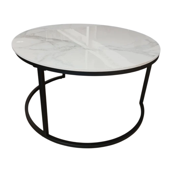 Nesting Coffee Table– Bergen– Front View – Beige Marble and Black, 80diax43cm