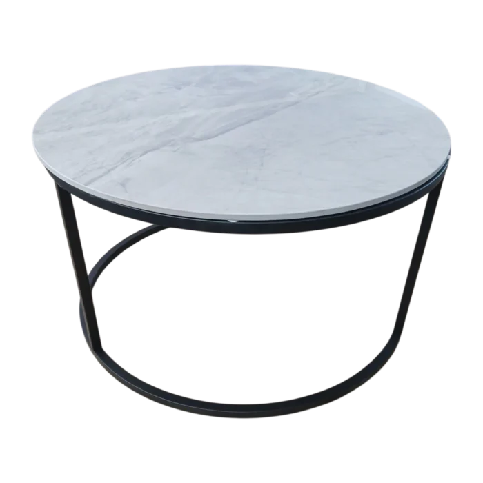 Nesting Coffee Table– Bergen– Front View – White Marble and Black, 80diax43cm