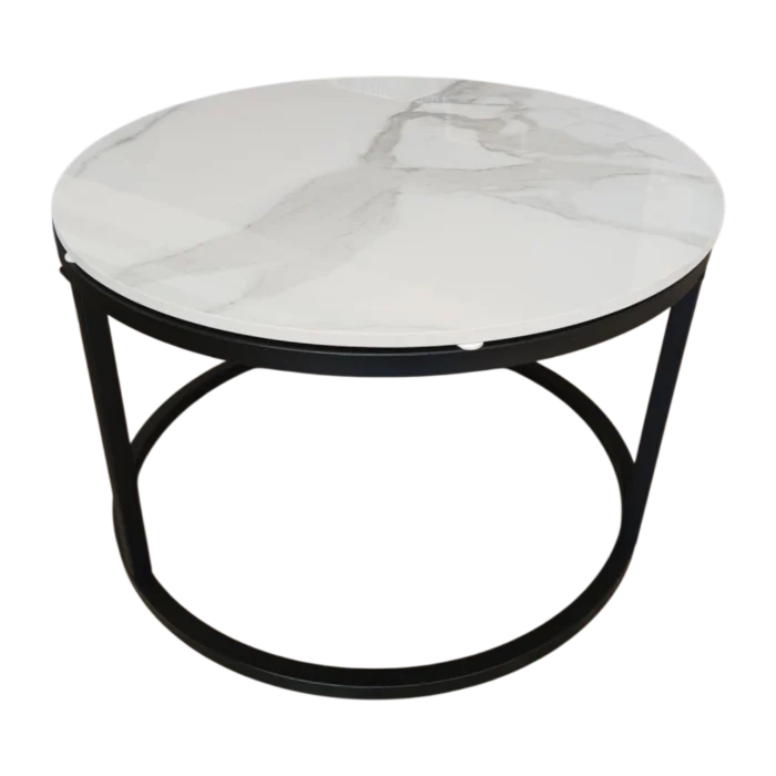 Nesting Coffee Table– Bergen– Front View – Beige Marble and Black, 60diax37cm