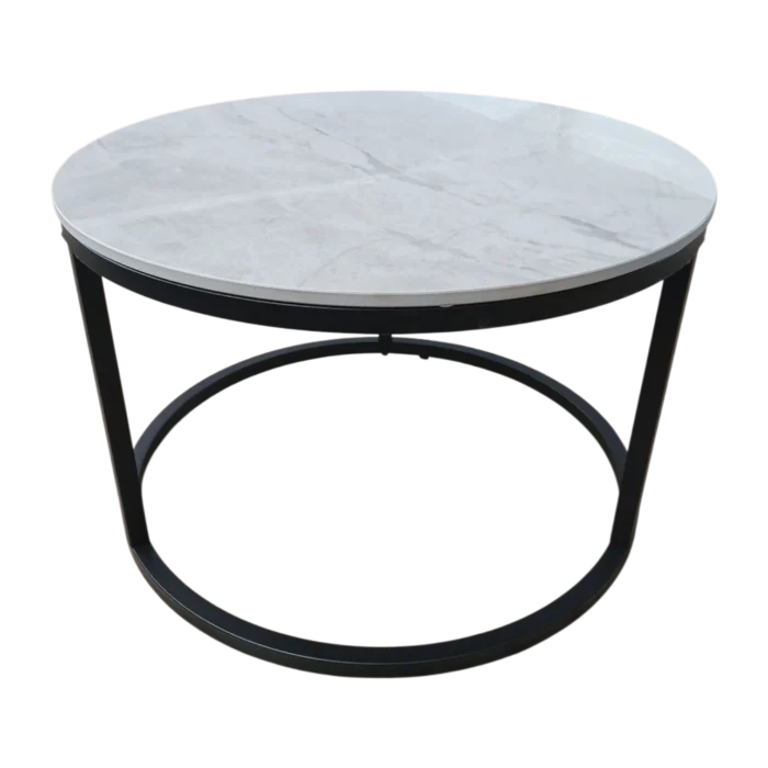 Nesting Coffee Table– Bergen– Front View – White Marble and Black, 60diax37cm