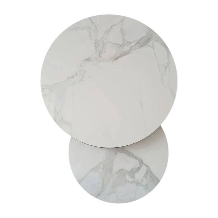 Nesting Coffee Table Set – Bergen– Top View – Beige Marble and Black, 80diax43cm & 60diax37cm