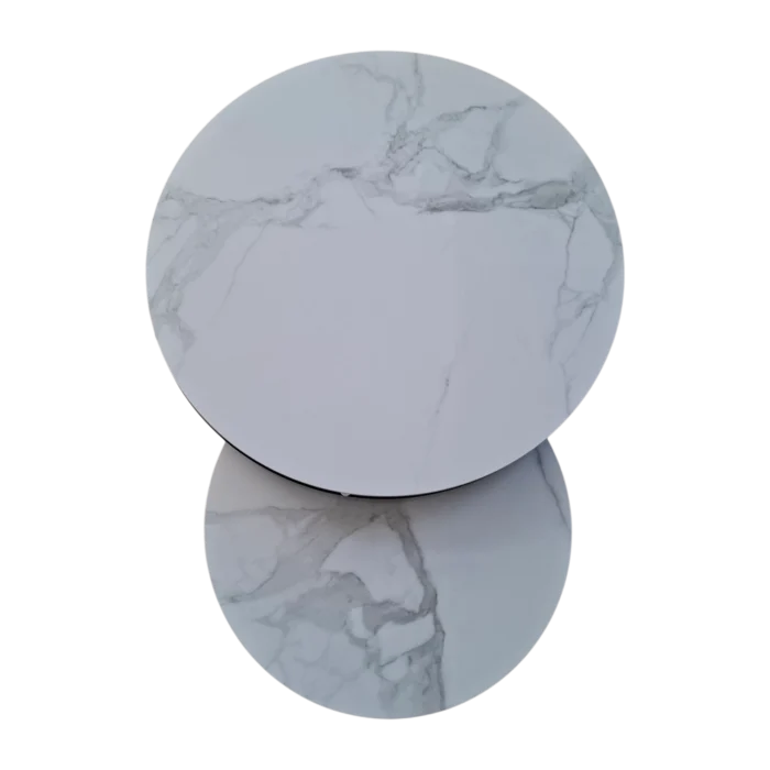 Nesting Coffee Table Set – Bergen– Top View – White Marble and Black, 80diax43cm & 60diax37cm