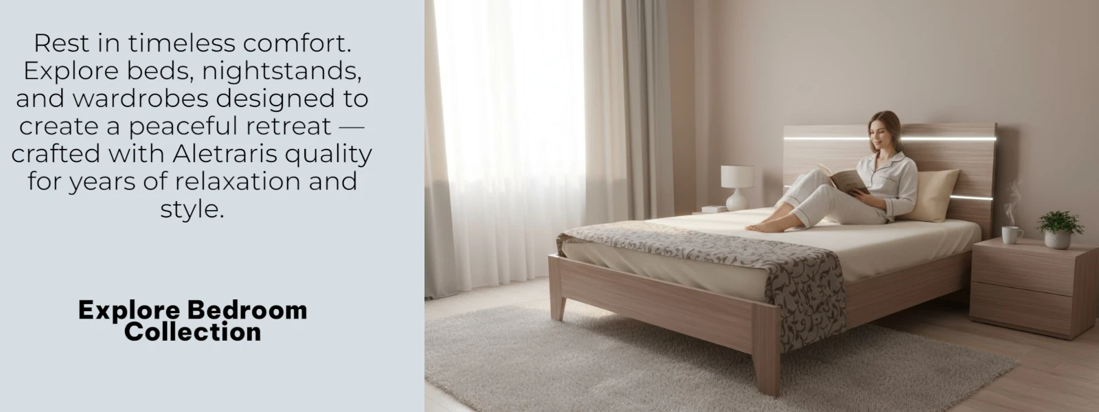 Elegant bedroom interior with bed, nightstands, and wardrobe, reflecting Aletraris Furniture’s timeless comfort and craftsmanship.