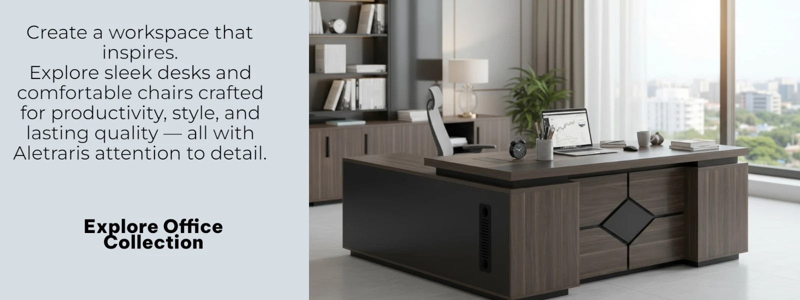 Sleek home office setup with modern desk and ergonomic chair, crafted for productivity and lasting quality by Aletraris Furniture.