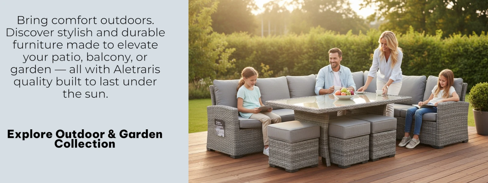 Outdoor patio scene with comfortable seating and table, featuring durable, weather-resistant furniture by Aletraris Furniture.