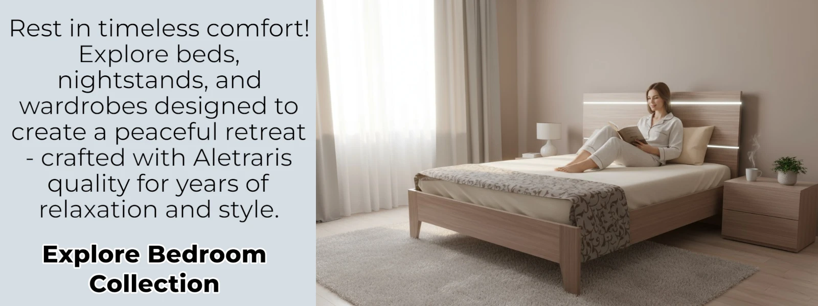 Bedroom Carousel Elegant bedroom interior with bed, nightstands, and wardrobe, reflecting Aletraris Furniture’s timeless comfort and craftsmanship.