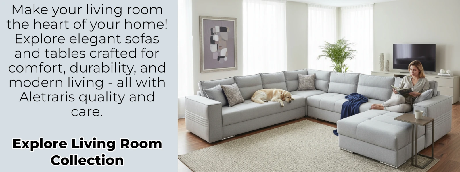 Livingroom Image - Slider. Modern living room with elegant sofa and coffee table, showcasing Aletraris Furniture’s comfort, durability, and contemporary design.