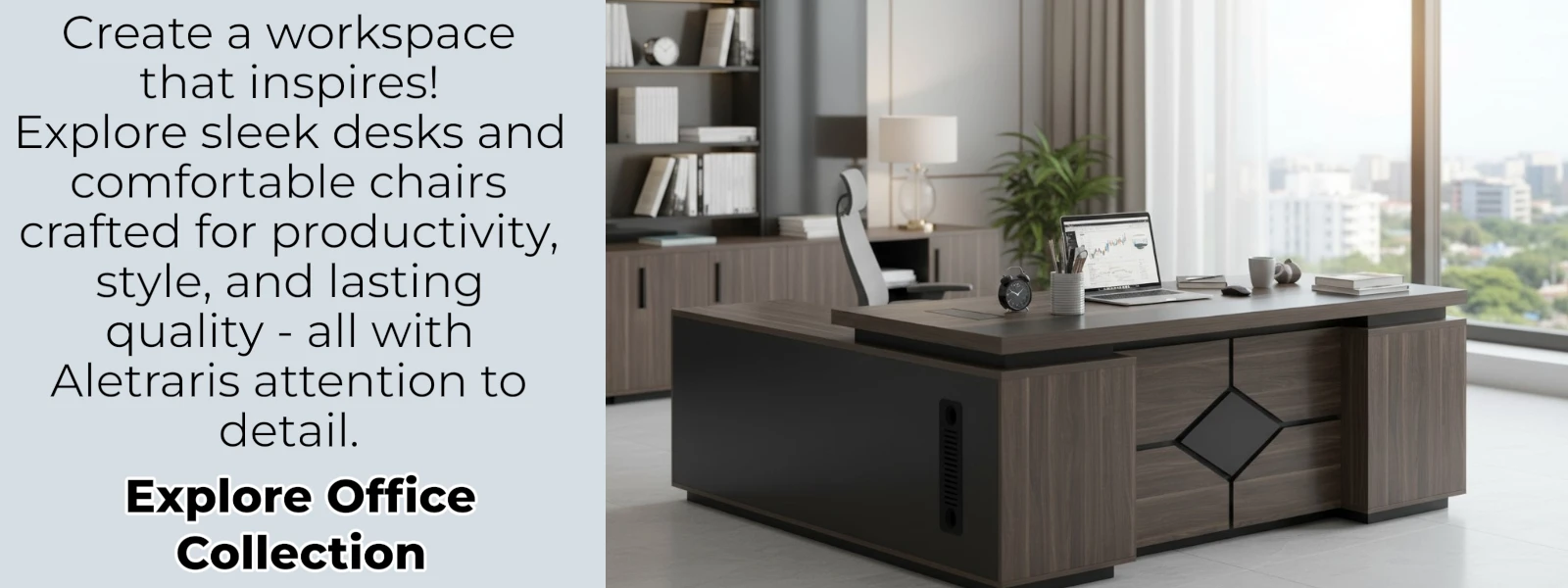 Office Carousel Sleek home office setup with modern desk and ergonomic chair, crafted for productivity and lasting quality by Aletraris Furniture.