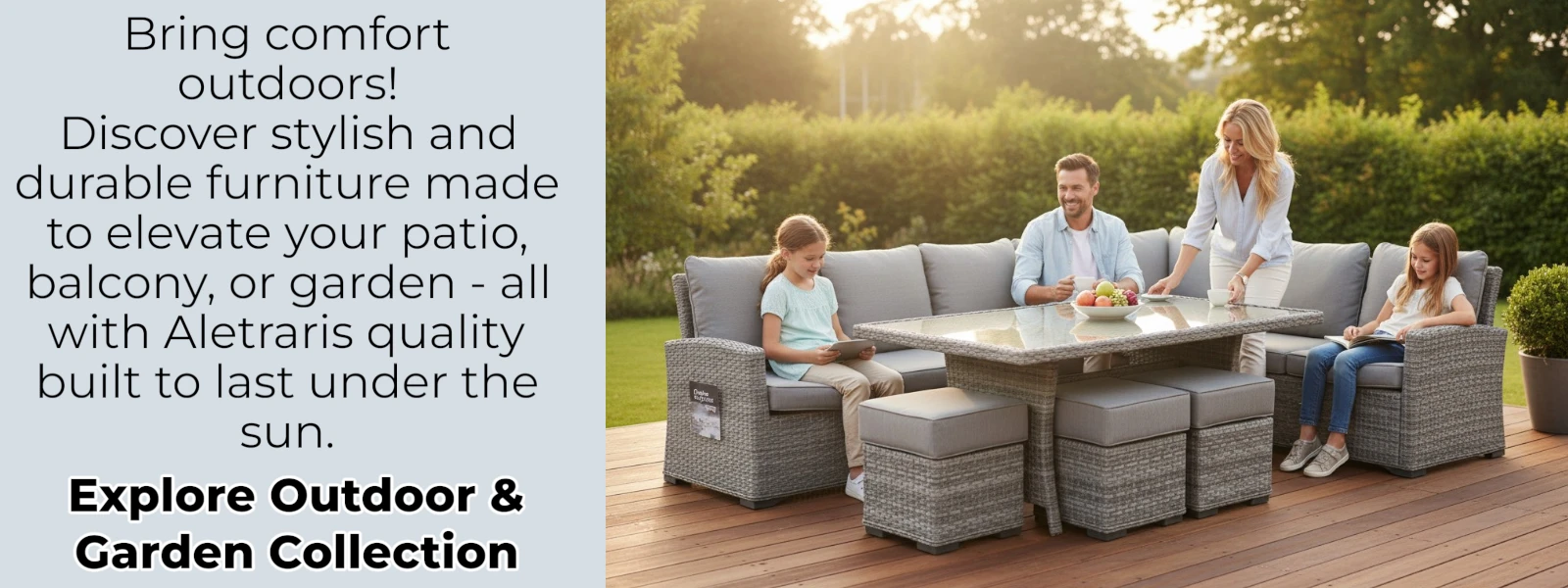 Outdoor & Garden Carousel Outdoor patio scene with comfortable seating and table, featuring durable, weather-resistant furniture by Aletraris Furniture.