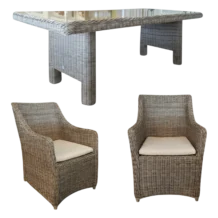 Outdoor Dining Table and Outdoor Armchair Aluminum, Glass, Wicker