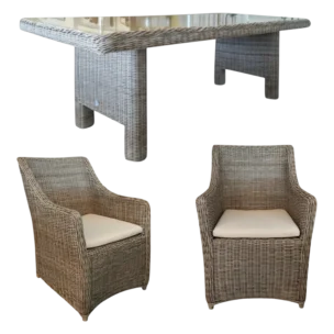 Outdoor Dining Table and Outdoor Armchair Aluminum, Glass, Wicker