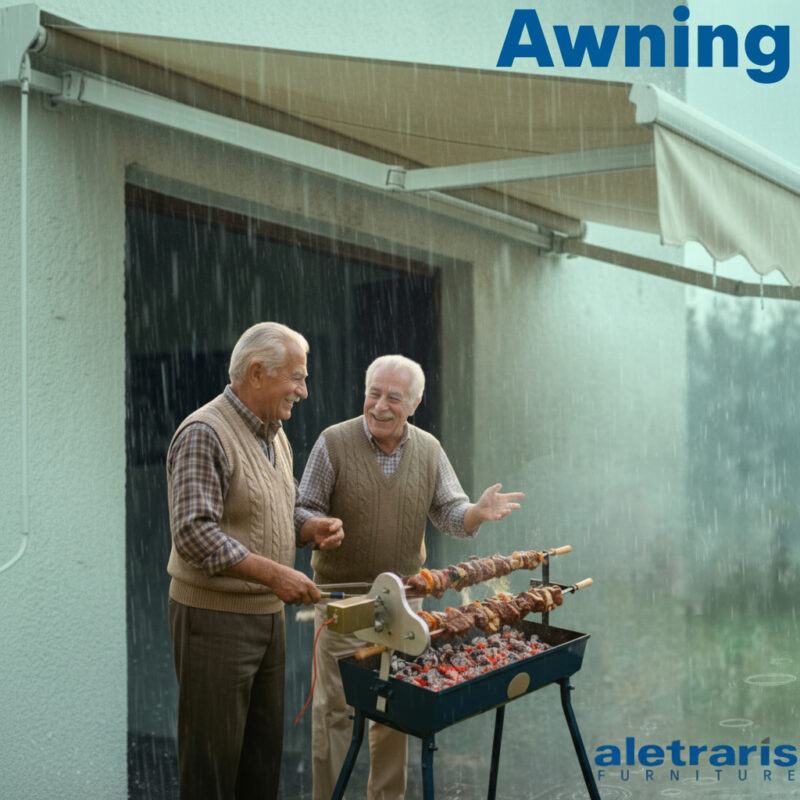 Retractable outdoor awning providing rain and sun protection