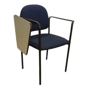 Dover navy-blue padded office chair with black metal arms and integrated writing tray