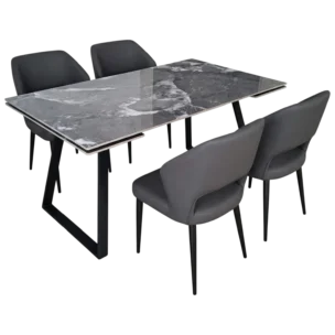 Dining Set with 4 metal legs and fabric or leather seat chairs and a metal leg with marble look like table top