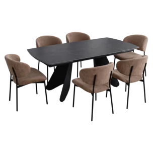 Dining Set with 6 metal legs and fabric seat chairs and a metal leg with marble look like table top
