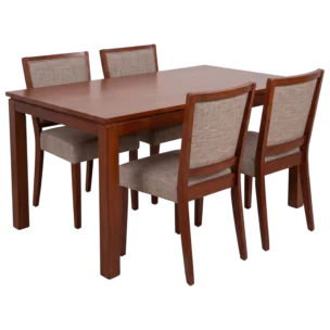 Helsinki Dining Set with a rectangular wooden dining table, 160 x 90 cm, and four Helsinki dining chairs with fabric seats and solid wood legs