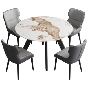 Kasai Round Dining Set with a round dining table, Ø120 cm, with a marble-effect top on metal legs, and four upholstered Rouen dining chairs