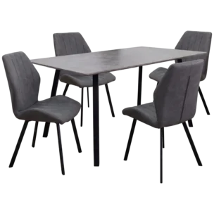 Leicester Dining Set with a rectangular dining table, 160 x 90 cm, with a stone top on metal legs, and four Austria dining chairs in leather