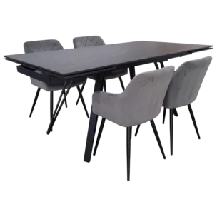 Maite Extendable Dining Set with an extendable dining table, 180/260 x 90 cm, with a stone top on a metal base, and four Valletta dining chairs upholstered in velvet