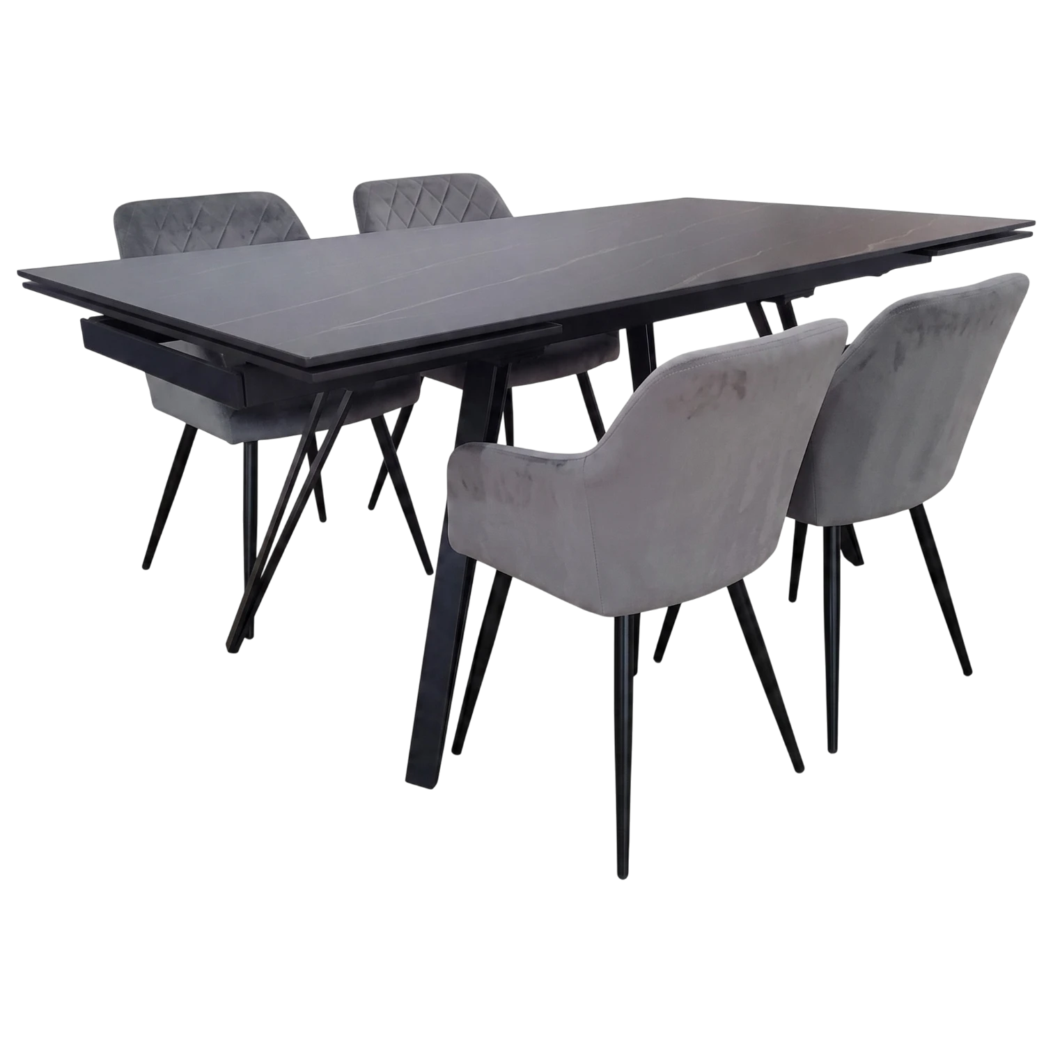 Maite Set_012208039040_UL-UDC8266_012193039032_RF-5229DT Maite Extendable Dining Set with an extendable dining table, 180/260 x 90 cm, with a stone top on a metal base, and four Valletta dining chairs upholstered in velvet
